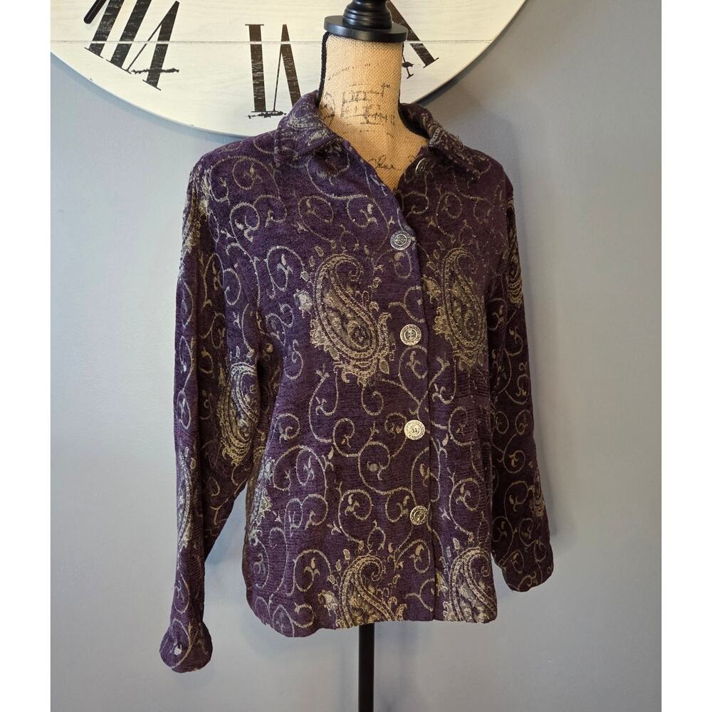 Vintage Tapestry Button Jacket Collared Purple Pa… - image 1
